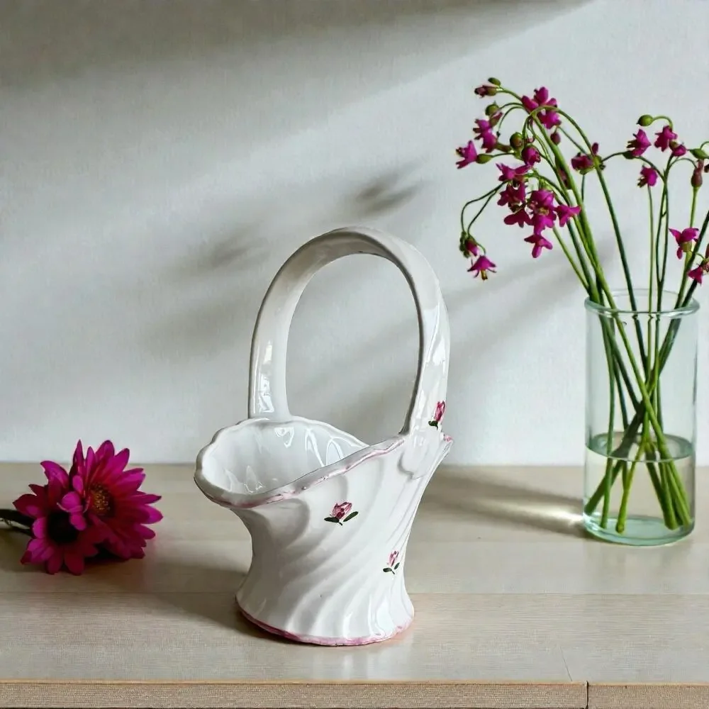 Vintage CMC Japan Ceramic Basket White Hand-Painted Pink Roses Grandmillennial